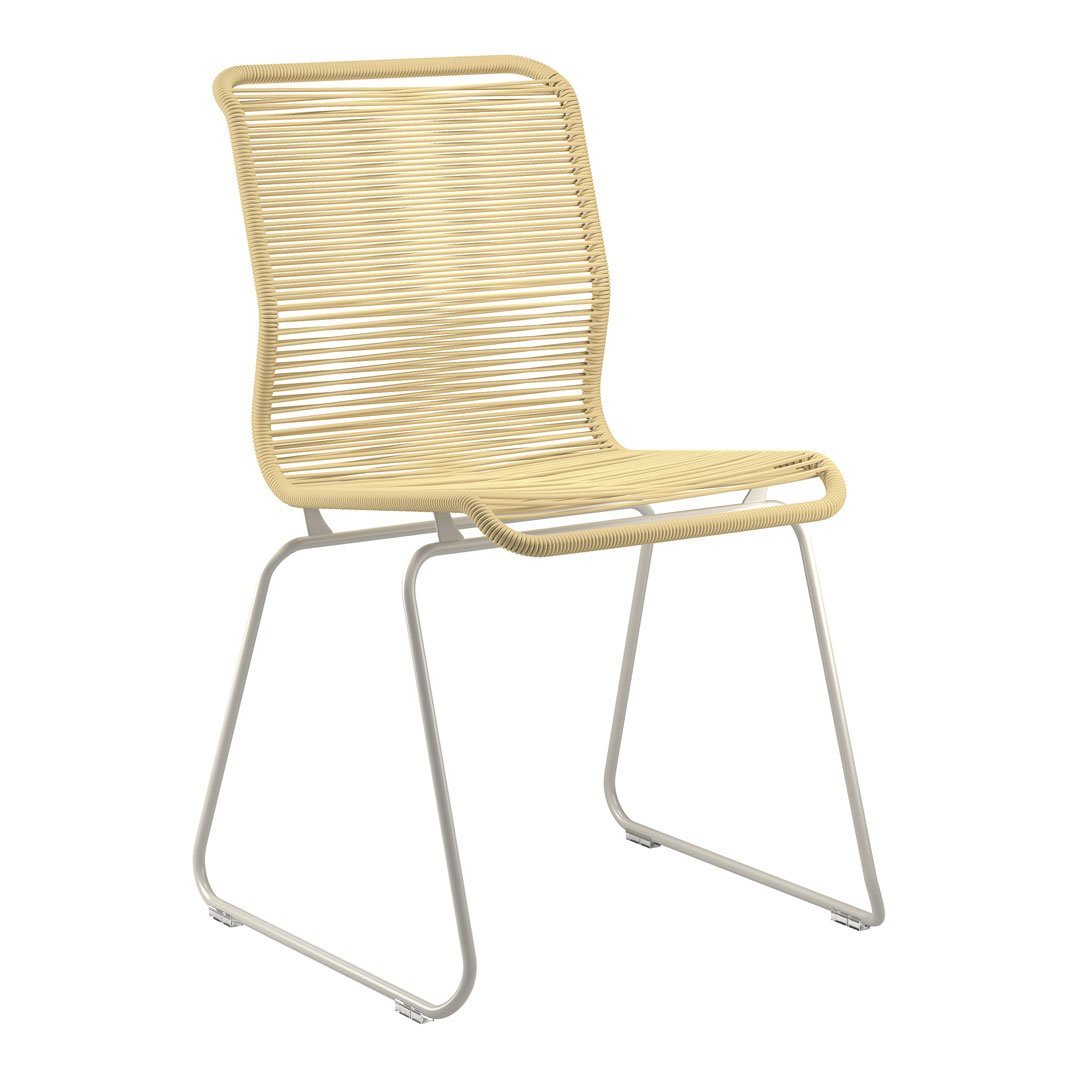 Yellow striped chair with a sleek white metal frame, perfect for modern decor.