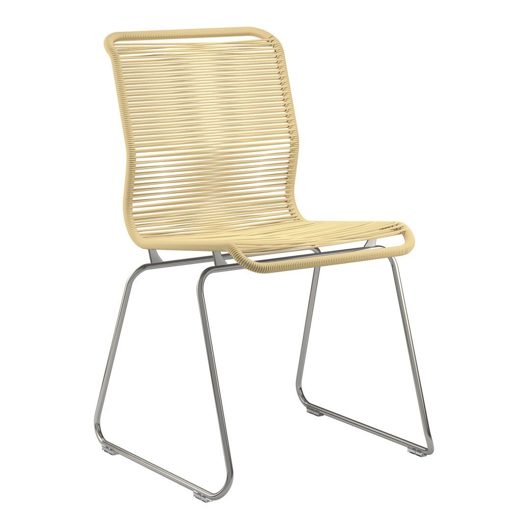 Stylish yellow striped chair with sleek metal legs, perfect for modern decor. Ideal for indoor or outdoor use.