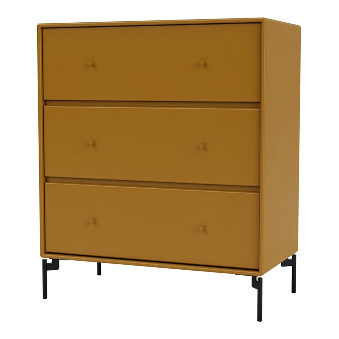 Orange three-drawer chest with a smooth finish and minimalist black legs. Modern design for stylish storage solutions.