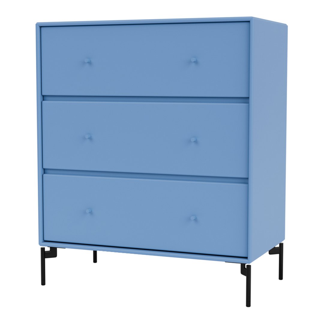 Blue three-drawer chest with smooth surface and subtle knob details, featuring black legs for contrast.