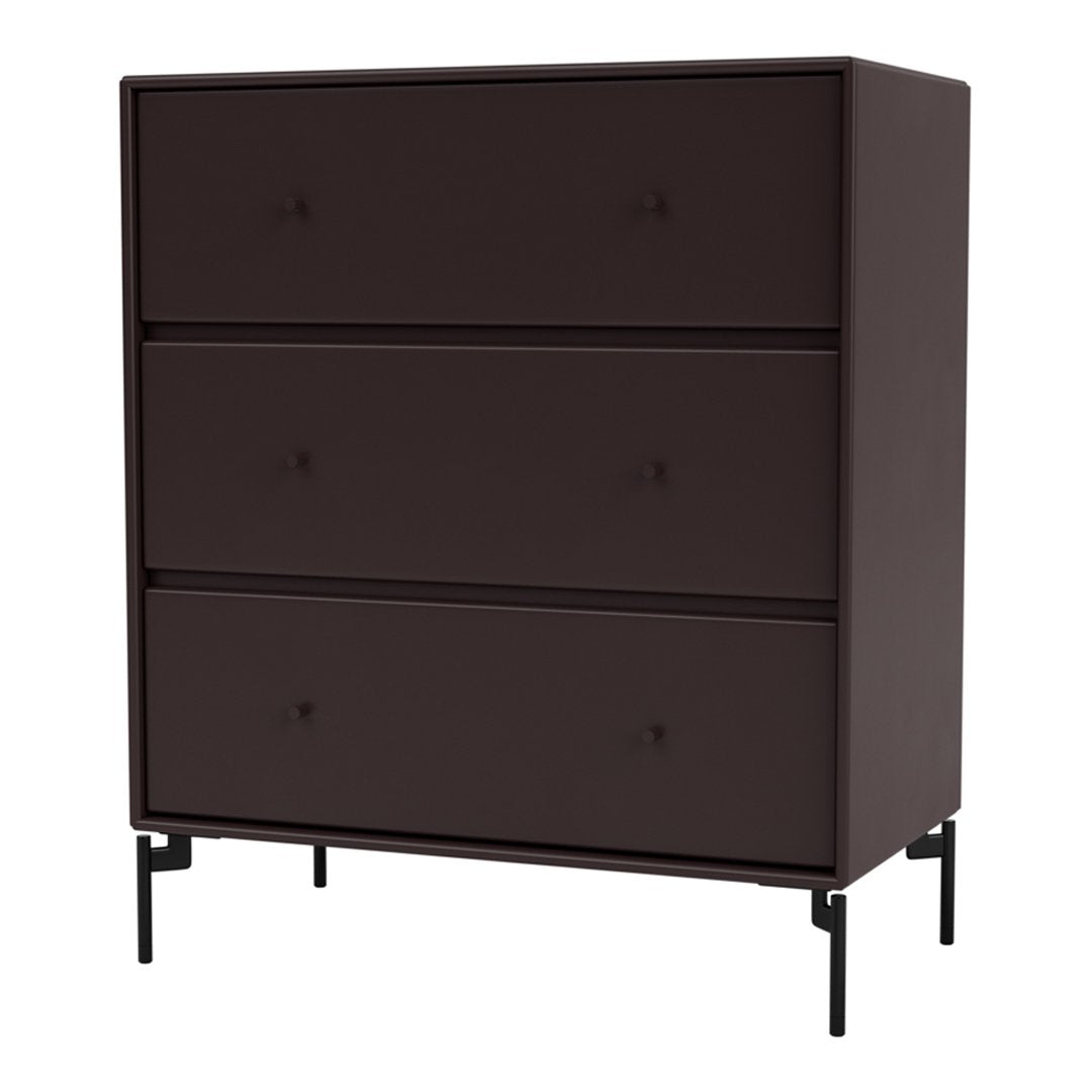 Dark brown dresser with three drawers and a sleek, minimal design. Modern style with subtle textured details.