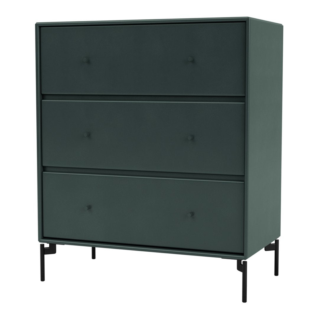 Dark green dresser with three smooth drawers and matte finish, accented by black metal legs. Modern and sleek design.