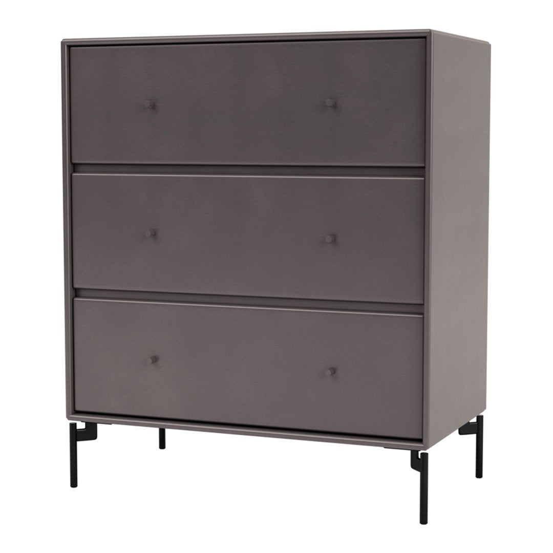 Gray three-drawer chest with smooth finish and minimalist design, accented by subtle button knobs and black legs.