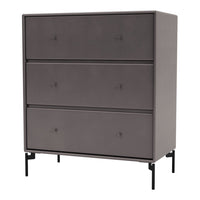 Gray three-drawer chest with smooth finish and minimalist design, accented by subtle button knobs and black legs.