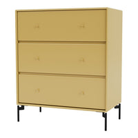 Yellow three-drawer dresser with sleek black legs and minimalist design. Ideal for modern interiors.