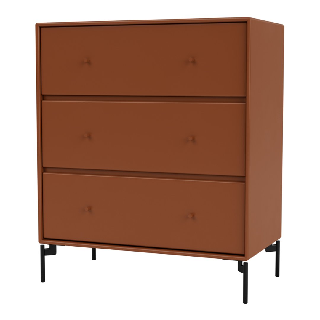 Rust-orange modern dresser with three smooth drawers and subtle tufted detailing on a sleek black metal frame.