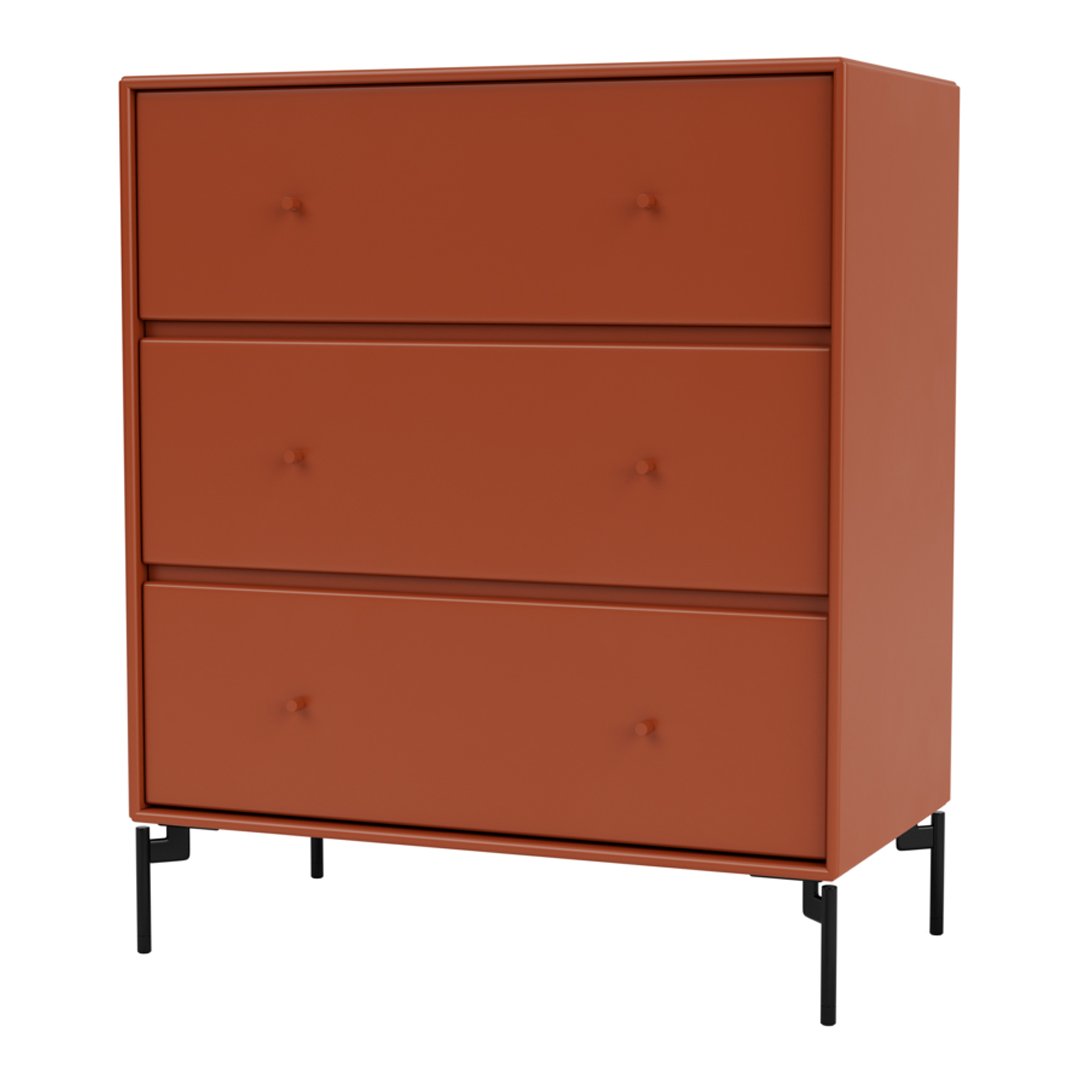 Orange modern dresser with sleek black legs and minimalist design, featuring three spacious drawers.