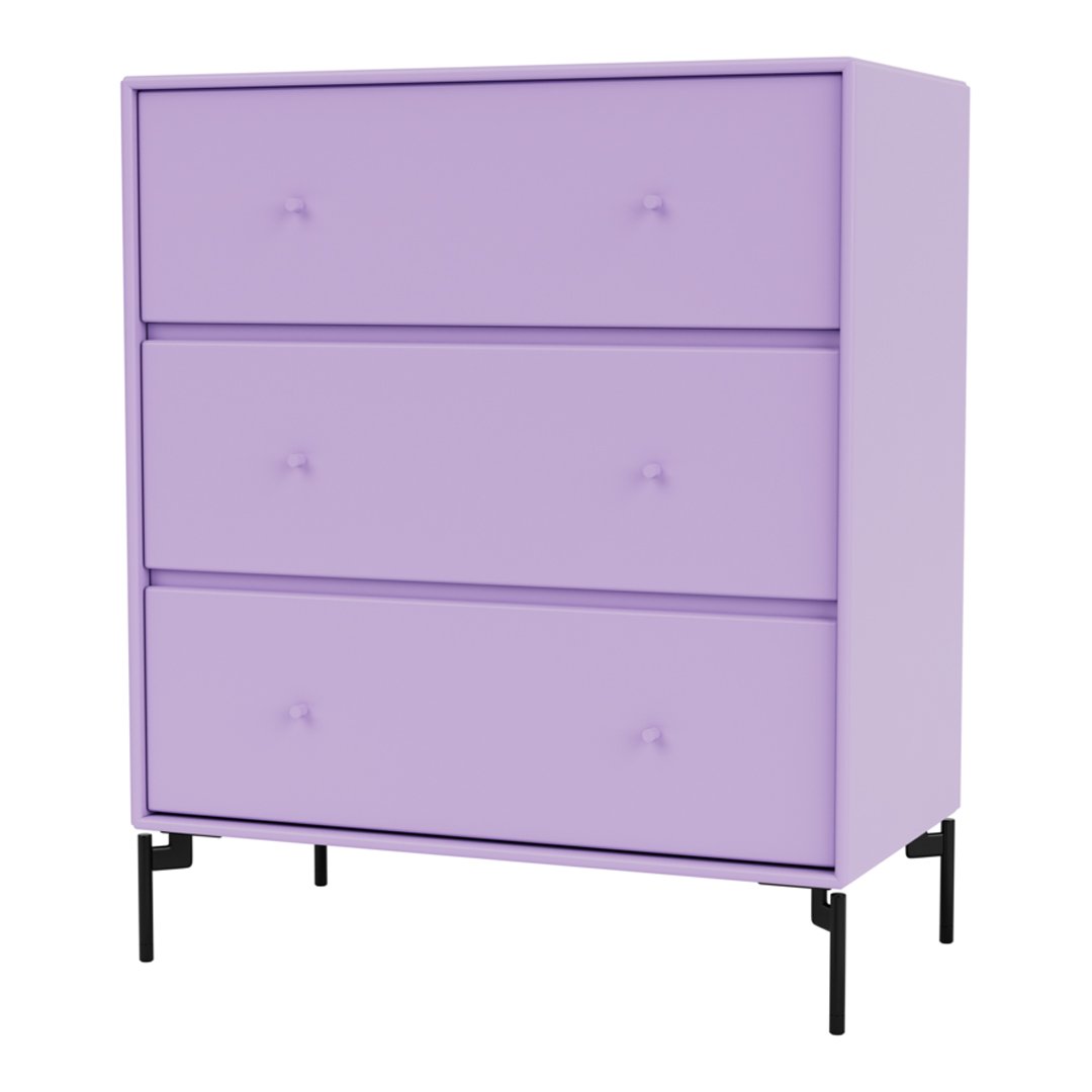 Lavender three-drawer chest with black legs and simple round knobs, showcasing a sleek modern design.