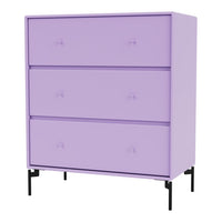 Lavender three-drawer chest with black legs and simple round knobs, showcasing a sleek modern design.