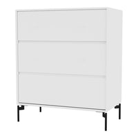 Modern white dresser with three smooth drawers and sleek black legs, featuring a minimalistic design.