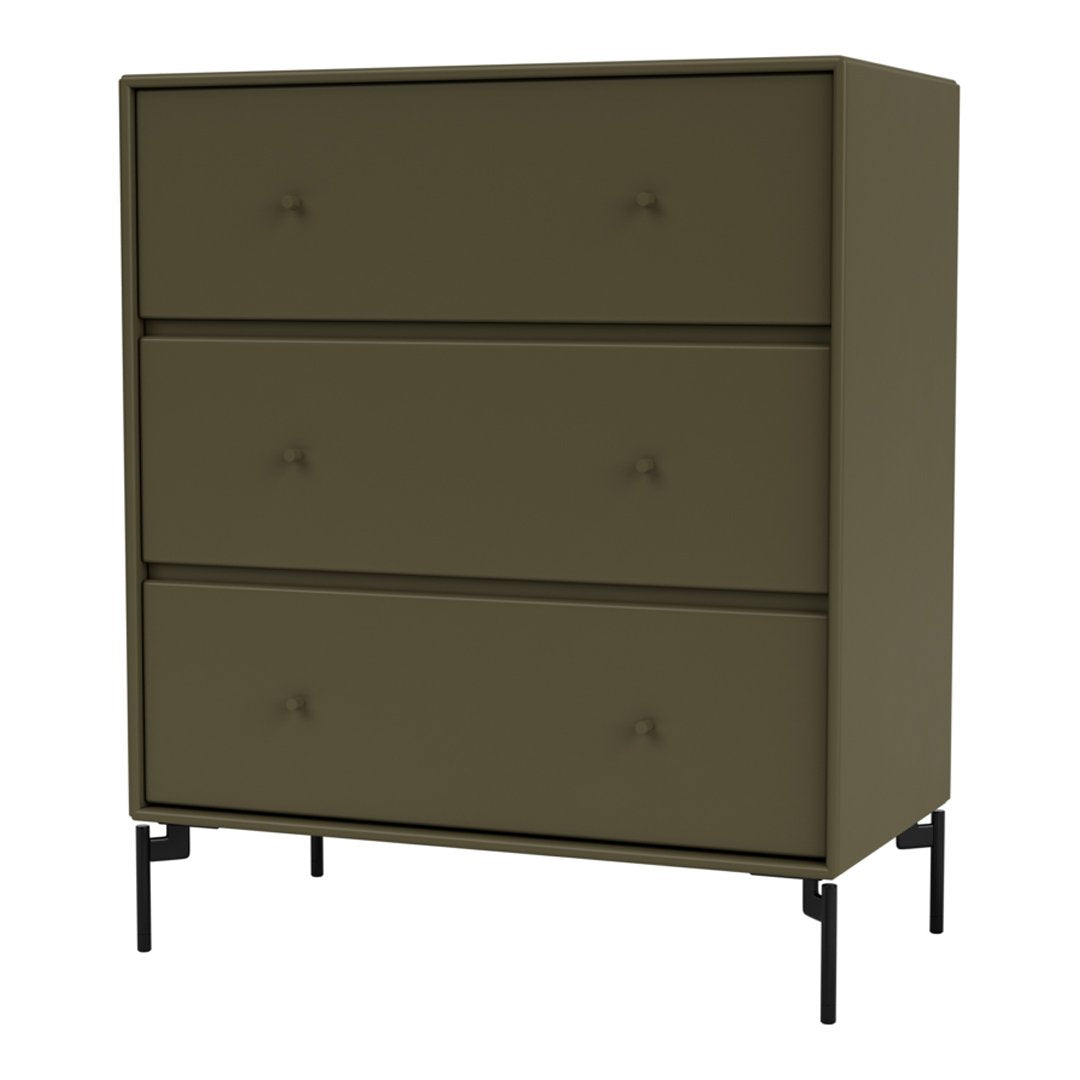 Olive green dresser with three smooth drawers and minimalist black metal legs, bringing modern style to any space.