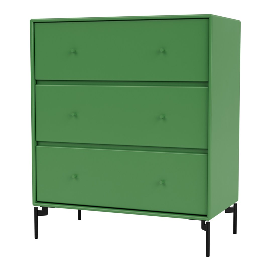 Modern three-drawer dresser in vibrant green with a matte finish and minimalist black legs. Perfect for any room.