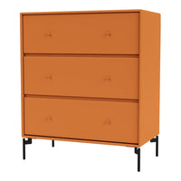 Orange modern dresser with three drawers and a smooth finish, featuring contrasting black legs.