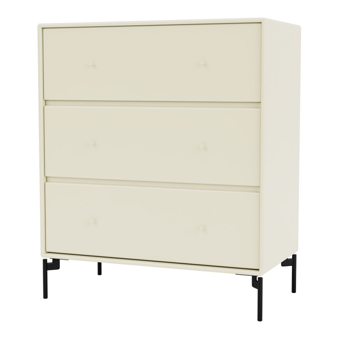 Light cream dresser with minimalist design and three smooth drawers on sleek black legs.