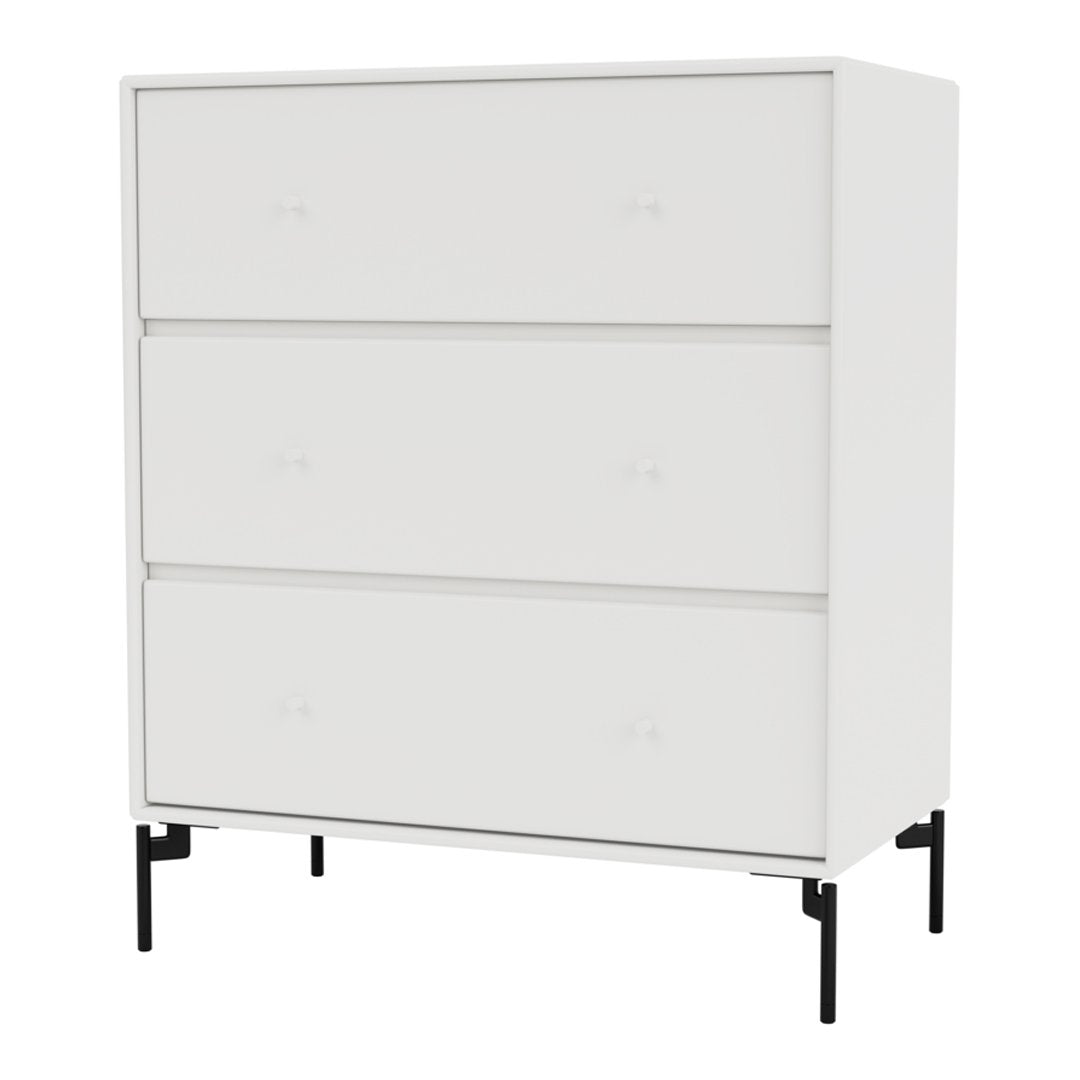 White three-drawer dresser with minimalistic design and sleek black legs. Ideal for modern decor.