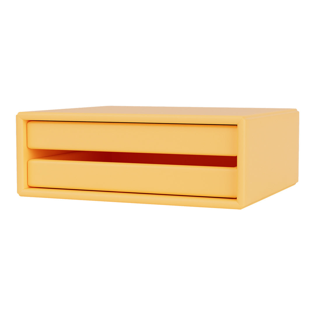Yellow storage drawer with a sleek design and subtle red accent on the front. Perfect for organizing your space.