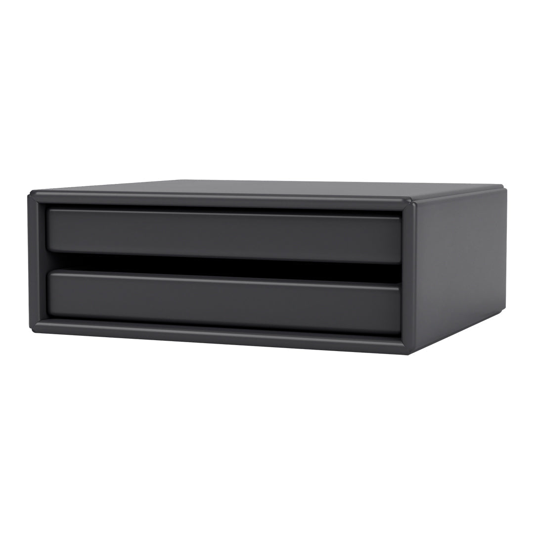 Sleek black storage box with two smooth drawers, featuring a modern minimalist design.