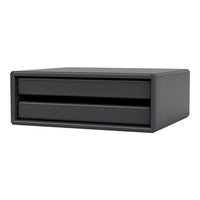 Sleek black storage box with two smooth drawers, featuring a modern minimalist design.