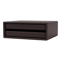 Dark brown storage box with a smooth finish and sleek, minimalist design, featuring two pull-out drawers.