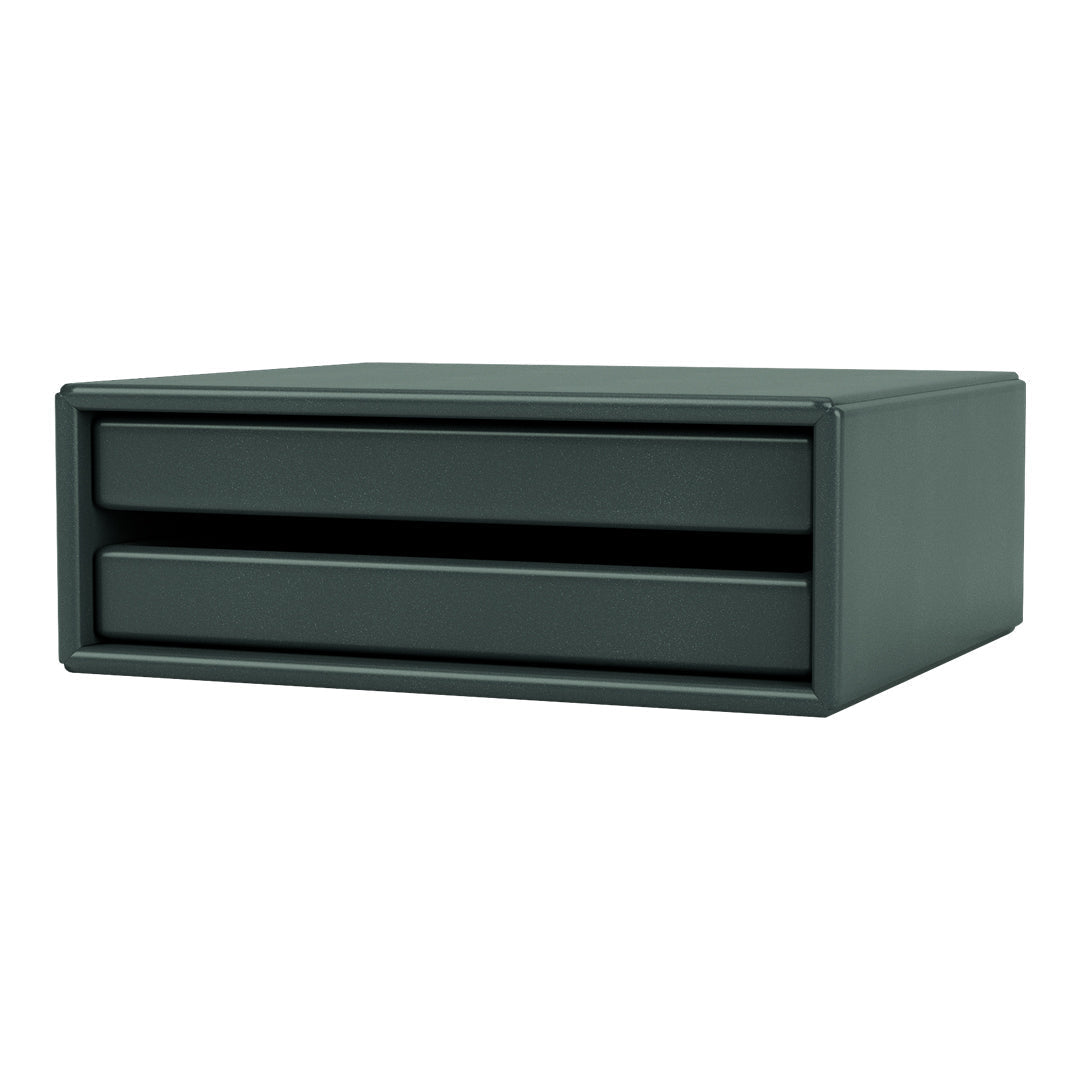 Dark green storage drawer with a minimalistic, sleek design and smooth surface texture. Perfect for modern decor.