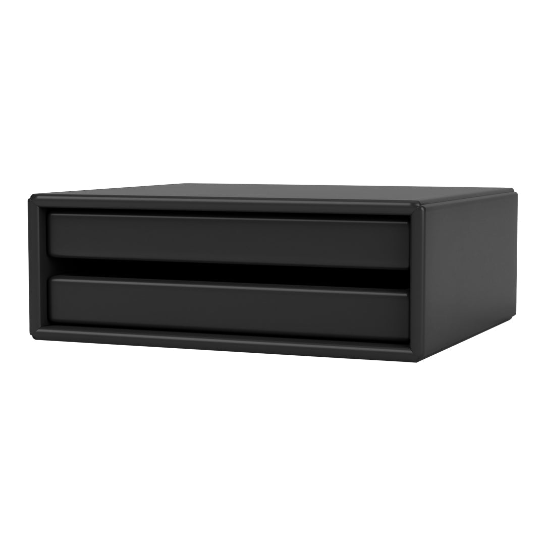 Sleek black storage drawer with a smooth finish and minimalist design, featuring two horizontal pull-out compartments.