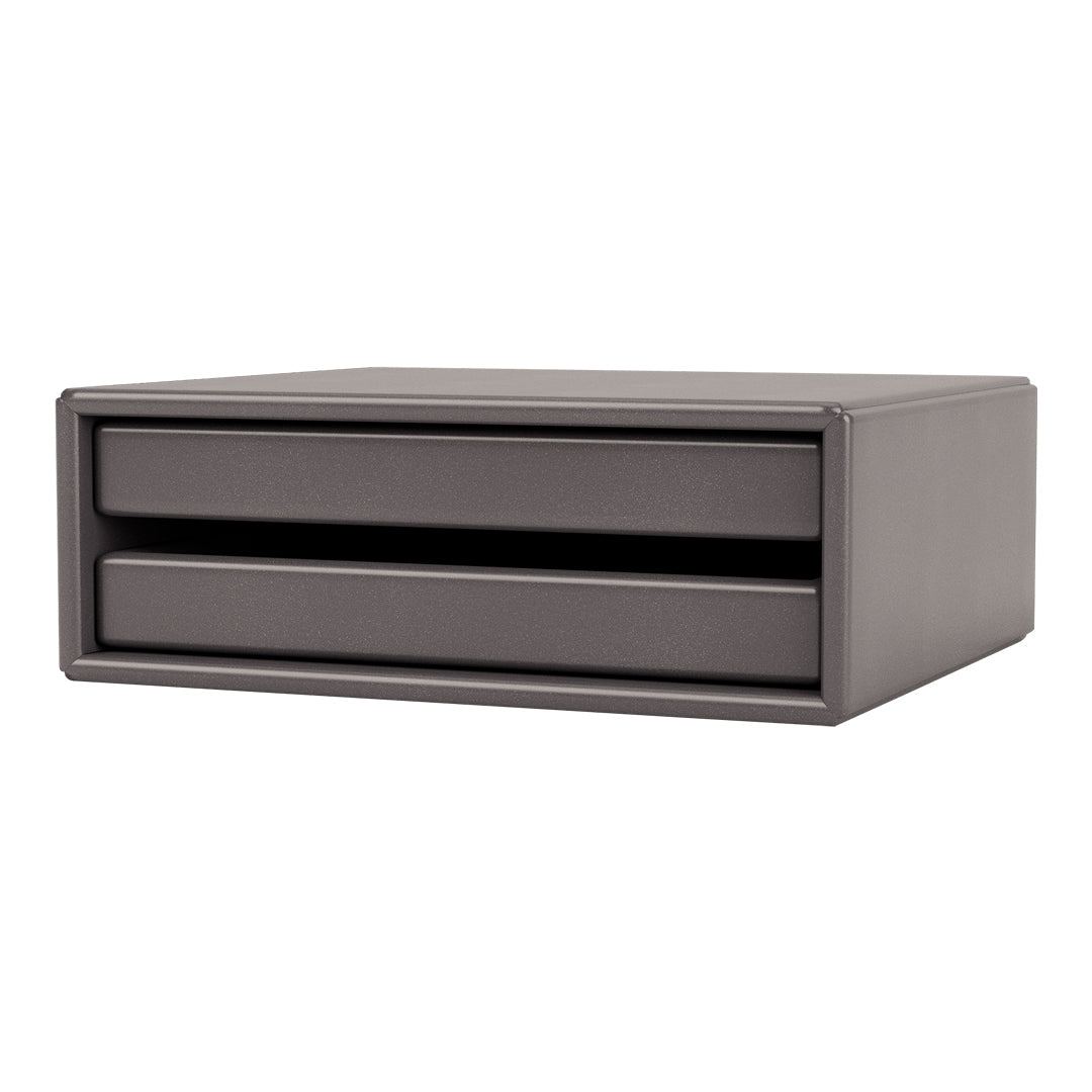 Gray double-drawer storage box with a smooth, modern surface texture. Ideal for organizing small items.