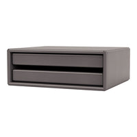 Gray double-drawer storage box with a smooth, modern surface texture. Ideal for organizing small items.