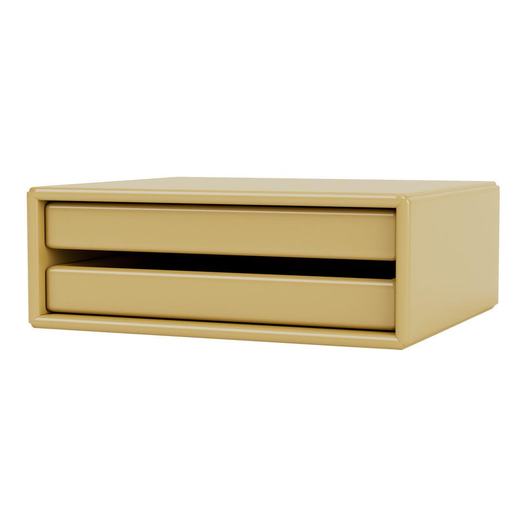 Yellow storage box with two sleek drawers and a glossy finish, perfect for organizing items in style.