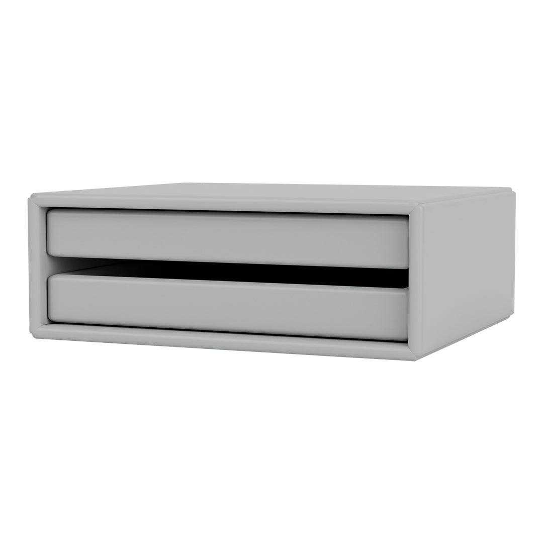 Gray storage drawer with a sleek, minimalistic design and two smooth, integrated pull-out compartments.