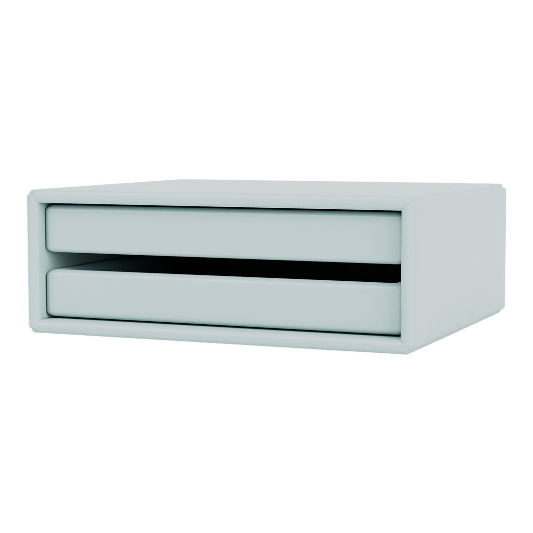 Light blue two-drawer storage unit with sleek, minimalist design and contrasting black drawer handles.