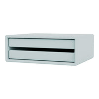 Light blue two-drawer storage unit with sleek, minimalist design and contrasting black drawer handles.