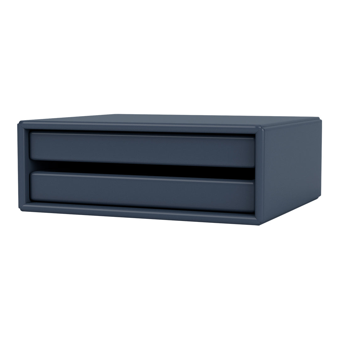 Navy blue storage box with two drawers, featuring a sleek, minimalist design and smooth finish.
