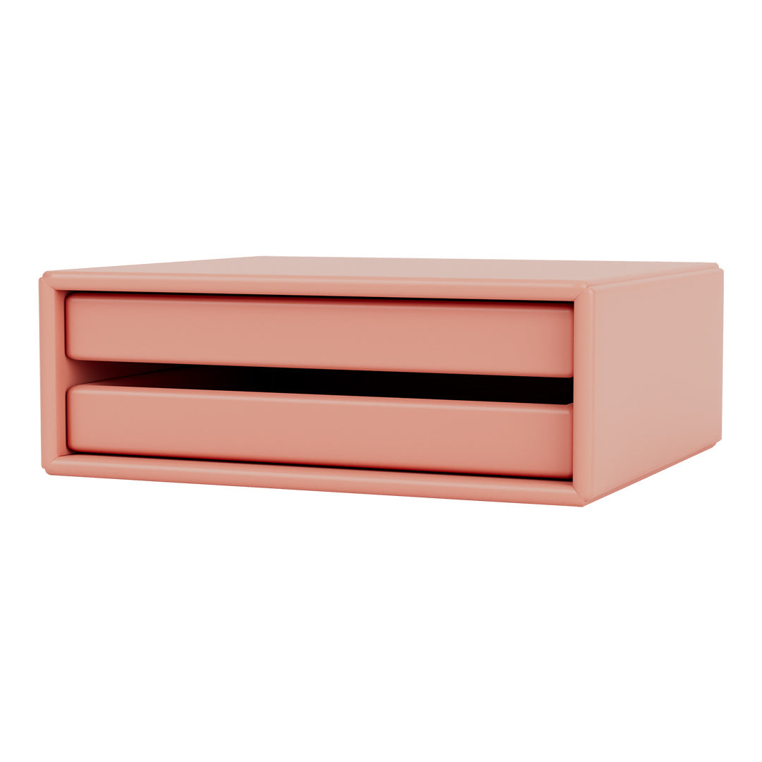 Pink two-drawer storage box with a smooth finish, perfect for minimalist home organization.