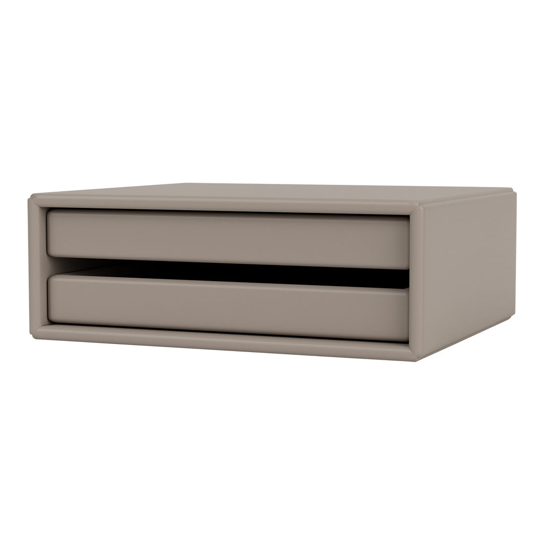 Stylish taupe storage drawer with a smooth finish and a minimalist design. Perfect for modern decor.