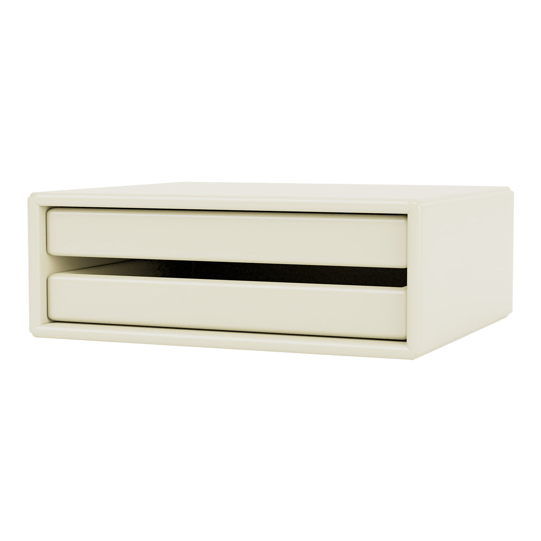 Cream-colored storage box with sleek, minimalist design and two smooth drawers. Perfect for organizing any space.