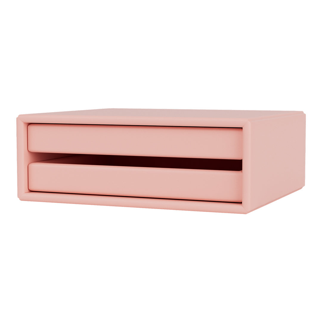 Soft pink storage box with a sleek design and two smooth drawers, perfect for organizing stylishly.