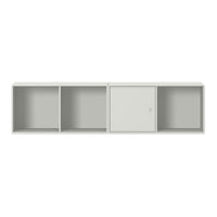 Light gray modern shelving unit with sleek lines and smooth finish, featuring open and closed storage options.