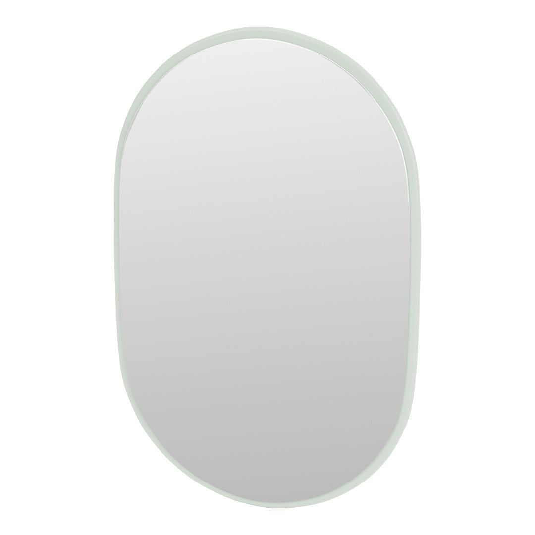 Light green oval mirror with a minimalist design and clear reflective surface. Perfect for modern decor.