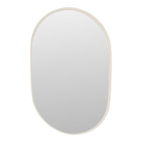 Oval mirror with a sleek, cream-colored frame and a minimalist design, perfect for modern decor.
