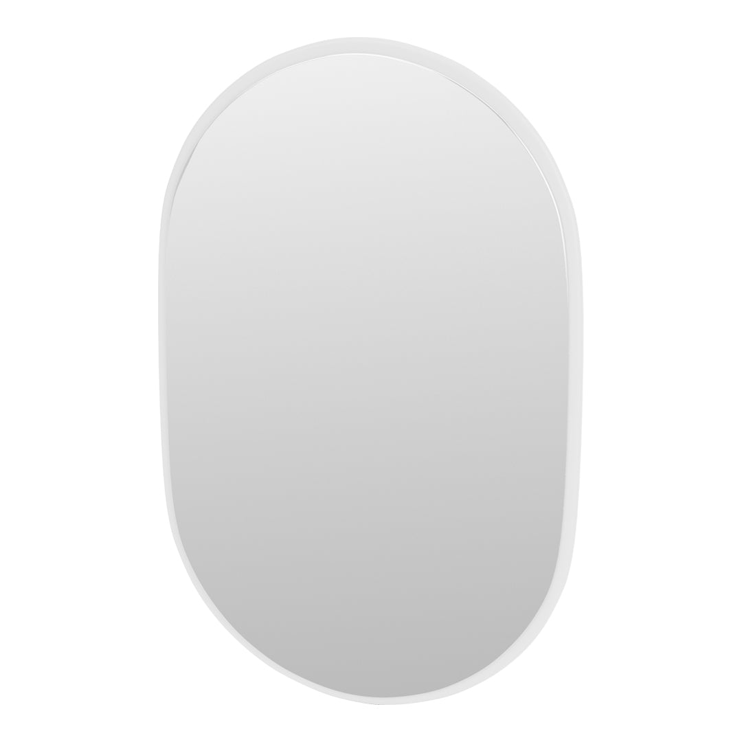"Oval mirror with a sleek white frame and a smooth, reflective surface in a minimalist design."