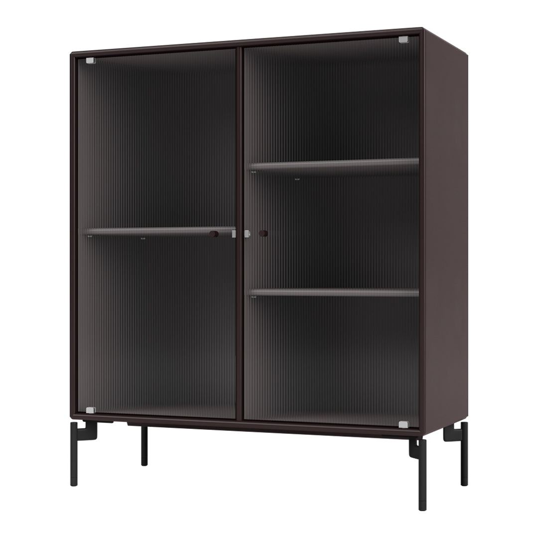 Elegant dark brown cabinet with ribbed glass doors and sleek black metal legs, showcasing modern minimalist design.