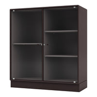 Dark brown cabinet with ribbed glass doors and silver accents, featuring modern and sleek design elements.