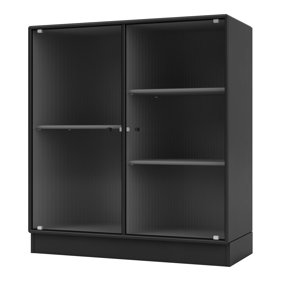 Black ribbed storage cabinet with glass doors and sleek silver handles, offering a modern, minimalist design.