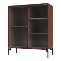 Brown ribbed cabinet with black metal legs and seamless glass doors. Modern design and rich textured finish.