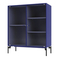 Dark blue cabinet featuring ribbed patterns and black legs, perfect for modern interior decor.