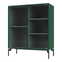 Green ribbed cabinet with a sleek design and black metal legs, showcasing a minimalist and modern aesthetic.