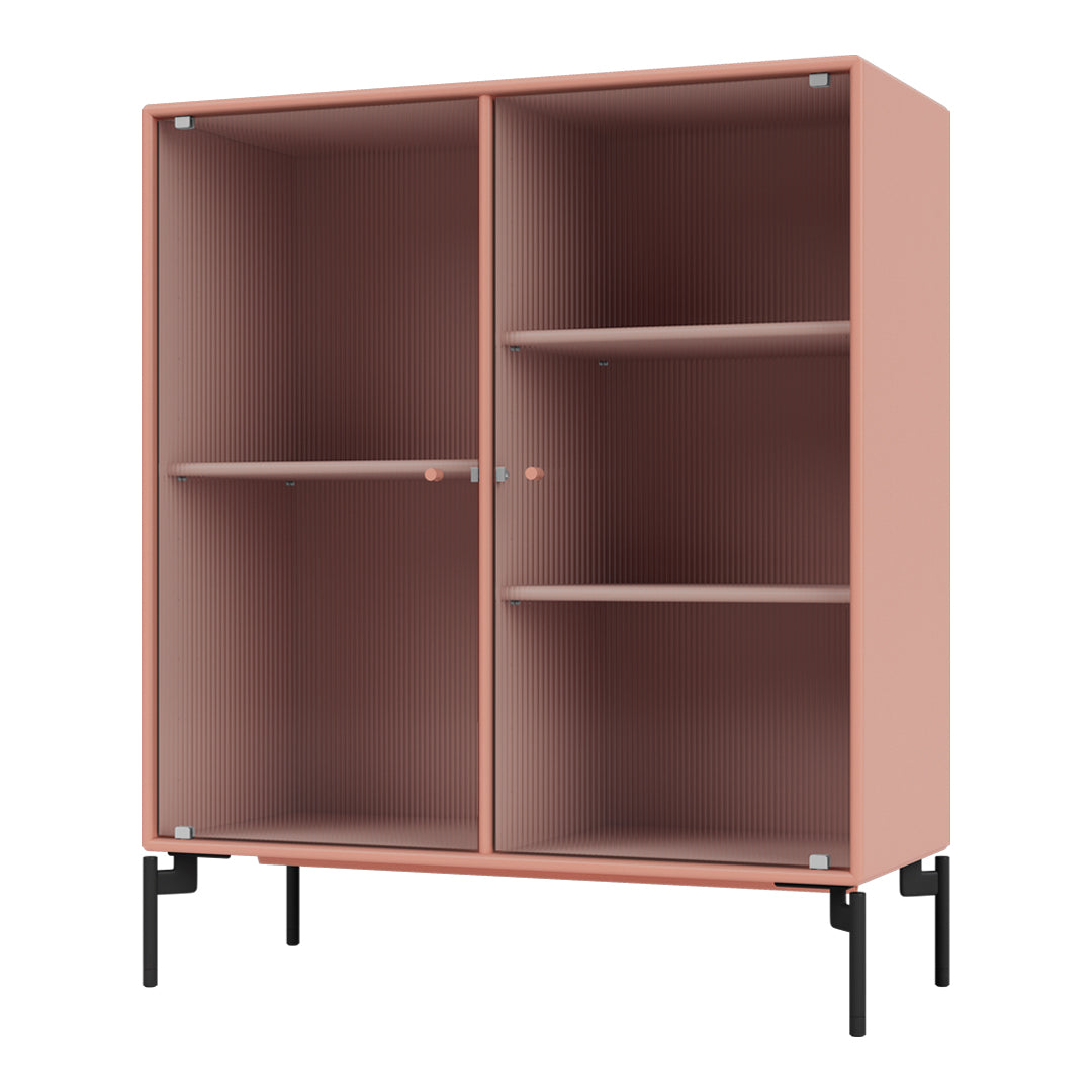 Pink ribbed cabinet with black metal legs and accents, featuring an open interior and sleek design.