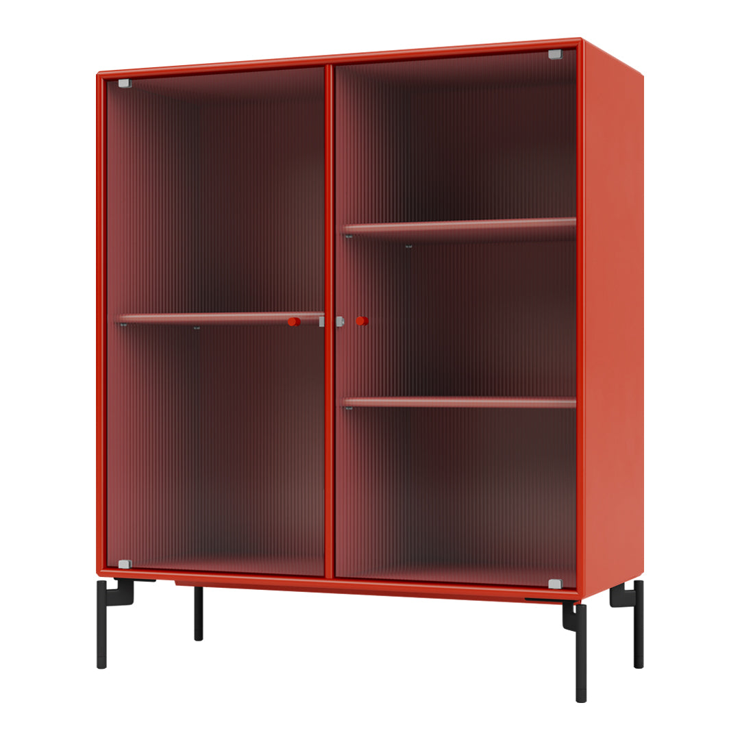 Vibrant red ribbed storage cabinet with sleek black legs and transparent shelves for a modern aesthetic.