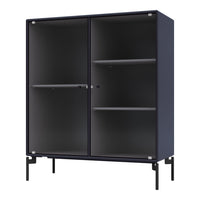 Navy blue cabinet with ribbed texture and sleek black legs, featuring clear glass doors for modern elegance.