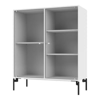 White ribbed storage cabinet with sleek black legs, featuring a minimalist design and spacious interior.